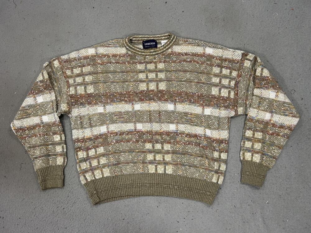 Lorenzo Sweater Mens Large Green Textured 3D Knit Crewneck Italy Cosby Biggie